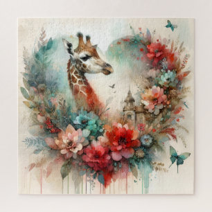 Giraffe Bloomscape Watercolor Floral Safari  Jigsaw Puzzle