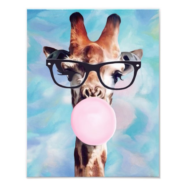Giraffe Blowing Gum Blue Mottled Background Photo Print (Front)