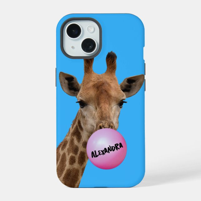 Giraffe Blowing Gum Bubble iPhone 15 Case (Back)