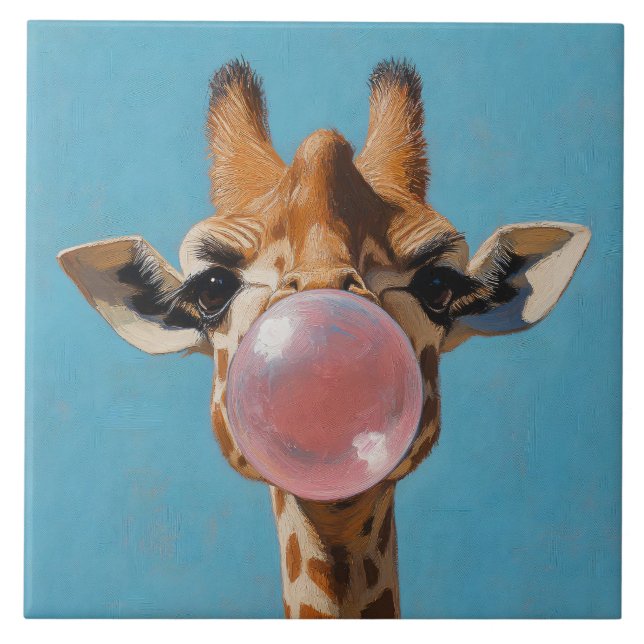Giraffe Blowing Pink Bubblegum Bubble Tile (Front)