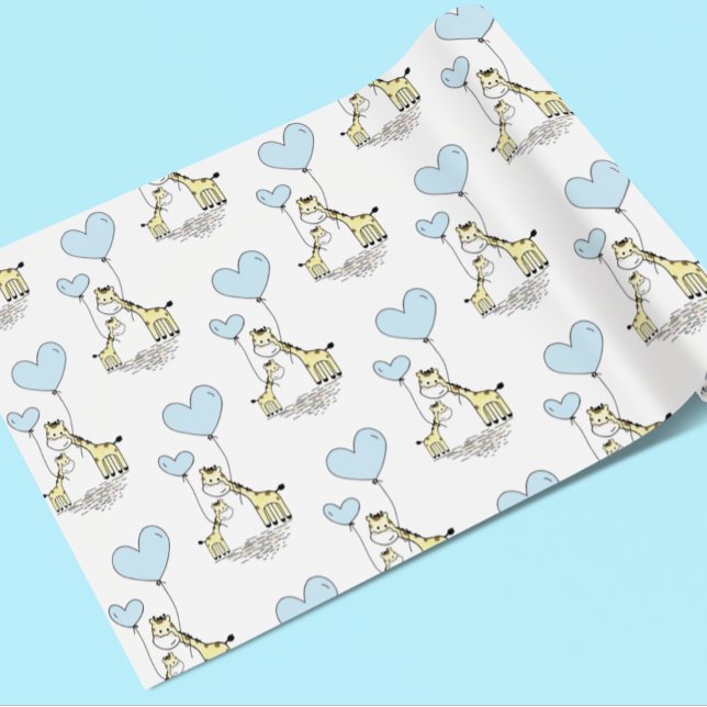 Giraffe Blue Balloon Mama Baby Shower Boy Wrapping Paper (Creator Uploaded)