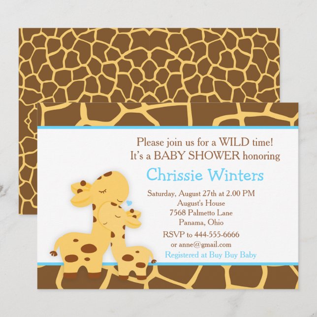 Giraffe Blue Boy Baby Shower Invitation (Front/Back)