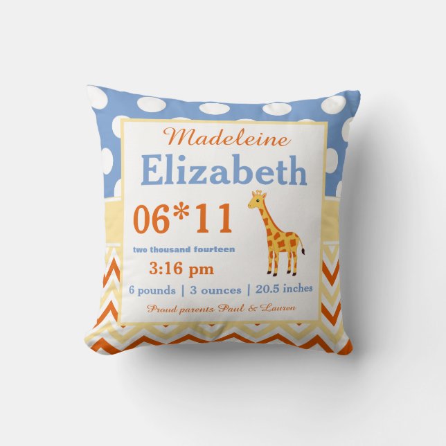 Giraffe Blue Yellow Baby Announcement Pillow (Front)