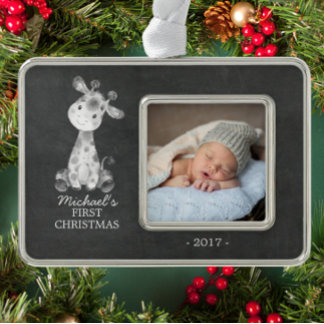 Giraffe Boys Baby's First Christmas Photo Ornament
