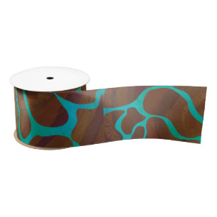Giraffe Brown and Teal Print Satin Ribbon