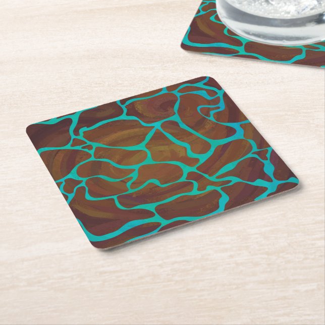 Giraffe Brown and Teal Print Square Paper Coaster (Angled)