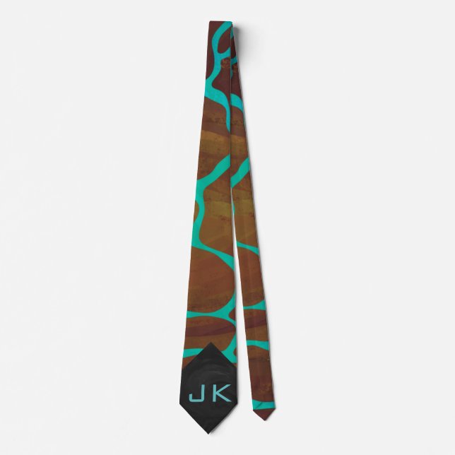 Giraffe Brown and Teal Print Tie (Front)