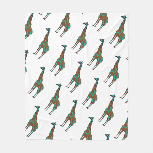 Giraffe Brown and Teal Silhouette Fleece Blanket (Front)