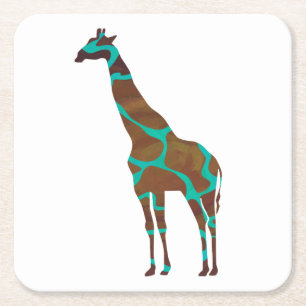 Giraffe Brown and Teal Siloette Square Paper Coaster
