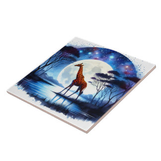 Giraffe by the Lake Under a Full Moon at Night Tile