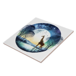 Giraffe by the Moonlit Lake Under a Starry Sky Tile
