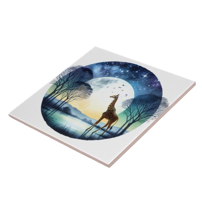 Giraffe by the Moonlit Lake Under a Starry Sky Tile (Side)