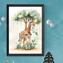 Giraffe Calf's Reaching Adventure Nursery Watercol