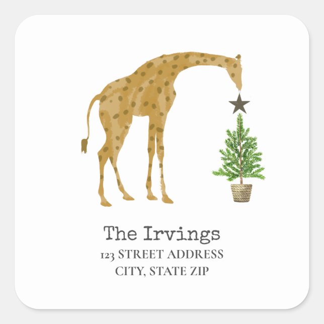 Giraffe Christmas Tree Address Square Sticker (Front)