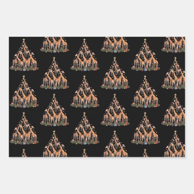 Giraffe Christmas Tree Santa African Wildlife Farm Wrapping Paper Sheet (Front)