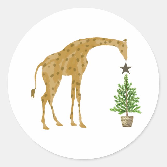 Giraffe Christmas Tree Star Classic Round Sticker (Front)