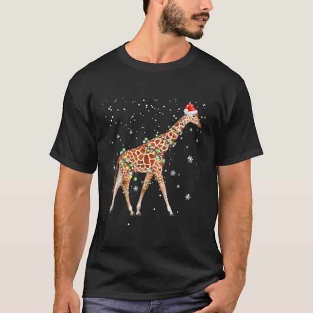 Giraffe Colour Lights Funny Giraffe Santa Hat Gift T-Shirt (Front)
