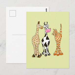 Giraffe cow and cat, comical animals. postcard