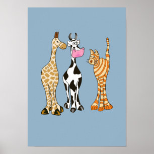 Giraffe cow and cat, comical animals. poster