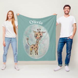 Giraffe Customised Name  Fleece Blanket