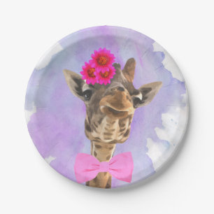 Giraffe cute funny wild jungle animal watercolor paper plate