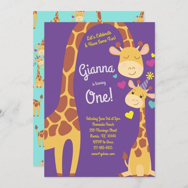 Giraffe Cute Kids 1st Birthday Party Invitation (Front/Back)