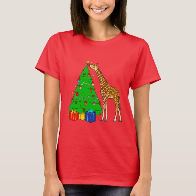 Giraffe Decorating Christmas Tree with Star T-Shirt (Front)