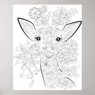 giraffe drawing adult colouring poster