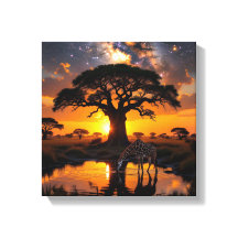 Giraffe drinking water in Cosmic African Sunset