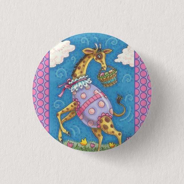 GIRAFFE, EASTER EGGS & TULIPS HOLIDAY BUTTON Rnd (Front)