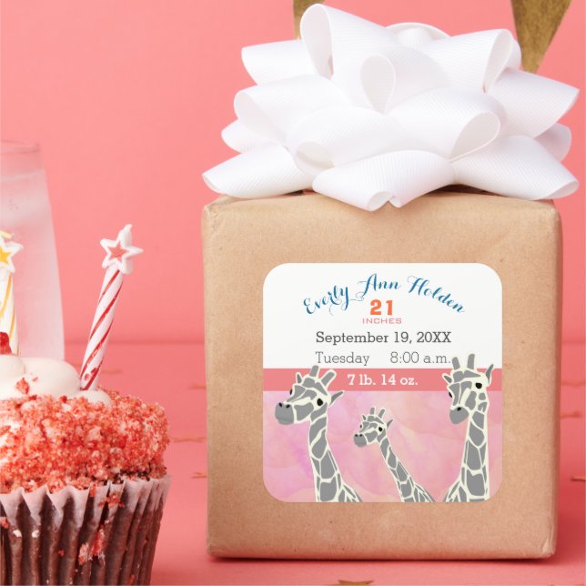 Giraffe Family Baby Girl Birth Record Birth Stats Square Sticker (Party)