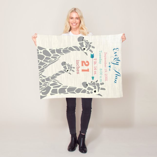 Giraffe Family Baby Girl Stats Birth Record Fleece Blanket (In Situ)