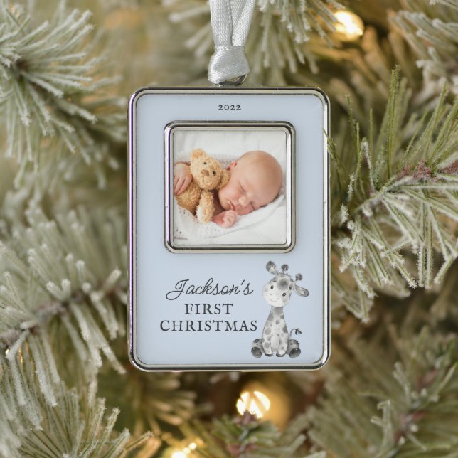 Giraffe First Christmas Photo Christmas Christmas Silver Plated Framed Ornament (Tree)