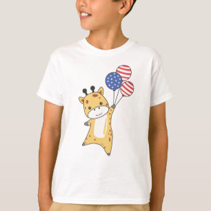 Giraffe Flies Balloons Usa Above Cute Animals Zoo T-Shirt