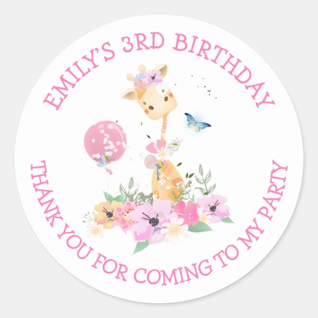 Giraffe Florals Name Thank You Girls 3rd Birthday Classic Round Sticker (Front)