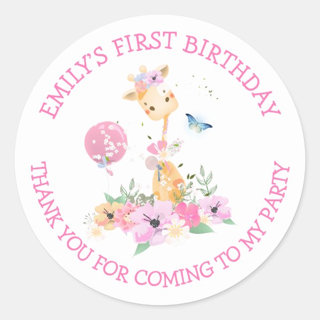 Giraffe Flowers Name Thank You Girls 1st Birthday Classic Round Sticker (Front)
