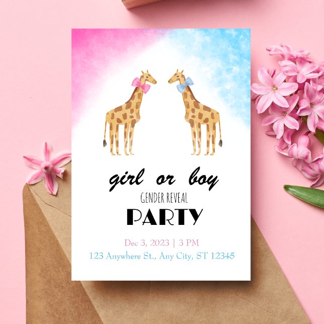 Giraffe Gender Reveal Party Girl or Boy Invitation (Front)