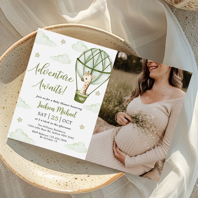 Giraffe Hot Air Balloon Green Baby Shower Photo Invitation (Creator Uploaded)