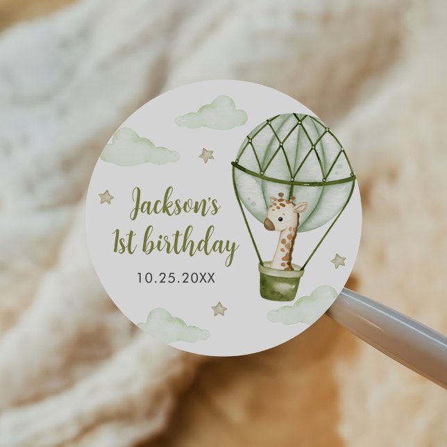 Giraffe Hot Air Balloon Green Boy 1st Birthday Classic Round Sticker (Creator Uploaded)