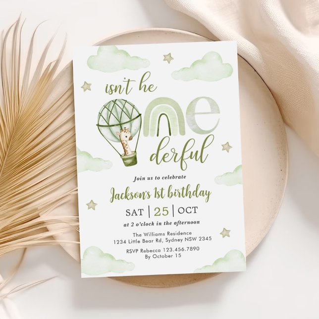 Giraffe Hot Air Balloon Green Boy 1st Birthday Invitation (Creator Uploaded)