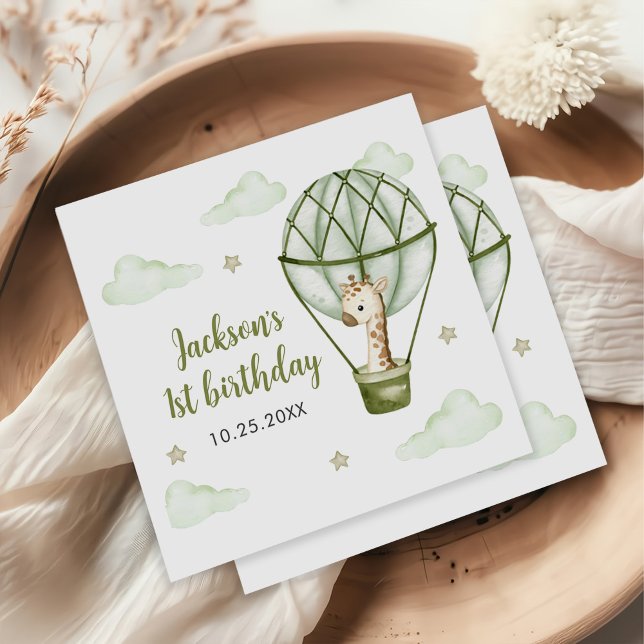 Giraffe Hot Air Balloon Green Boy 1st Birthday Napkin (Creator Uploaded)