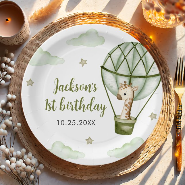 Giraffe Hot Air Balloon Green Boy 1st Birthday Paper Plate (Creator Uploaded)