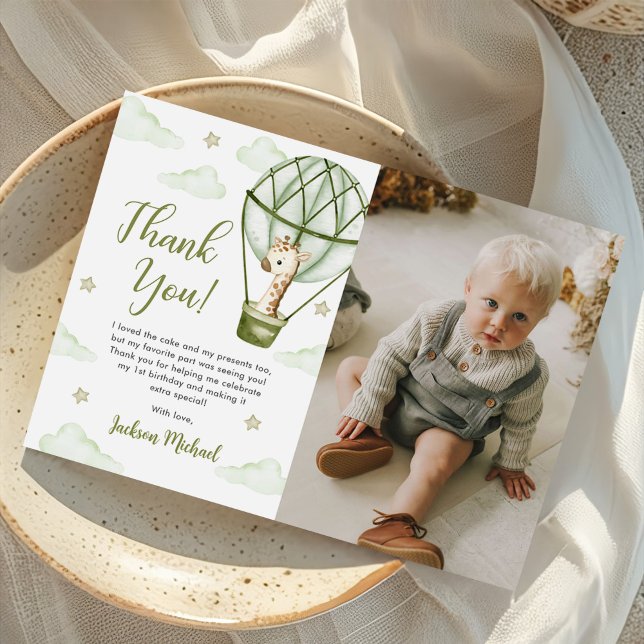 Giraffe Hot Air Balloon Green Boy Birthday Photo Thank You Card (Creator Uploaded)