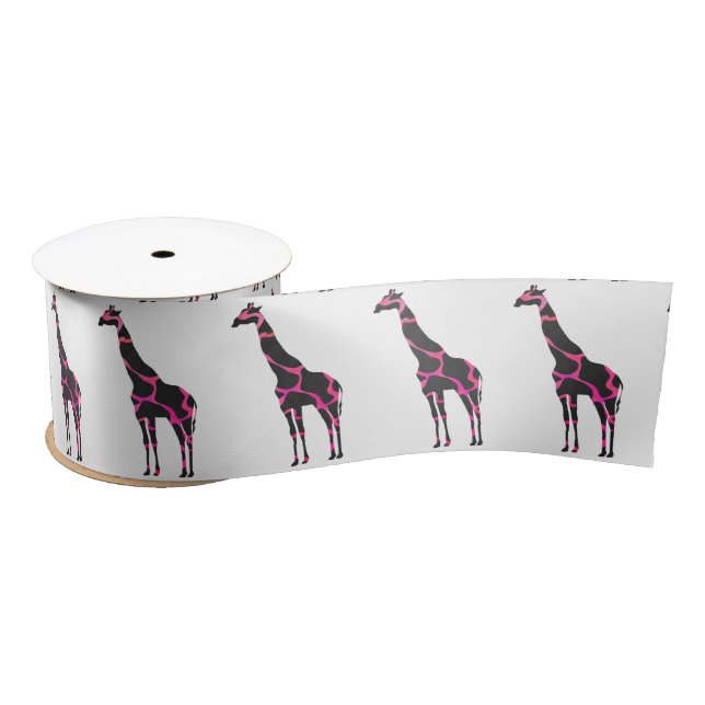 Giraffe Hot Pink and Black Silhouette Satin Ribbon (Spool)