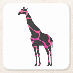 Giraffe Hot Pink and Black Silhouette Square Paper Coaster