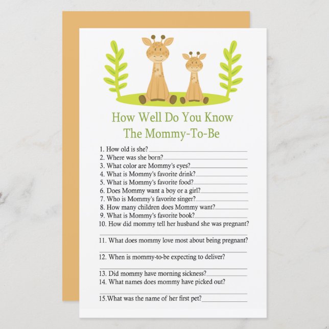 Giraffe How well do you know baby shower game (Front/Back)