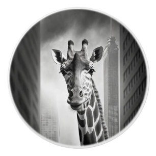 Giraffe in a Cityscape Ceramic Knob