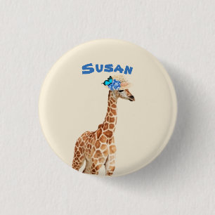 Giraffe in a Hat with Blue Butterfly Button
