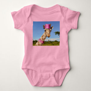 Giraffe in a shiny pink hat baby bodysuit