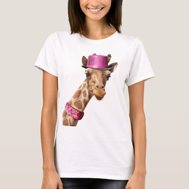 Giraffe in a shiny pink hat T-Shirt (Front)